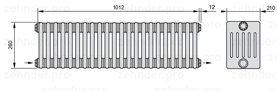 Схема (чертеж) Радиатор Zehnder Charleston 6026/22 №2670 Белый глянцевый RAL 9016